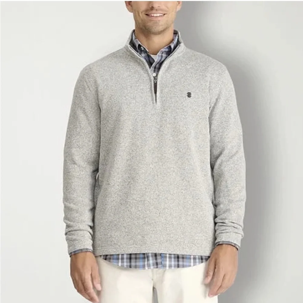 IZOD Men's Golf Quarter Zip Sweater M Heather Gray Preppy Casual Classic
